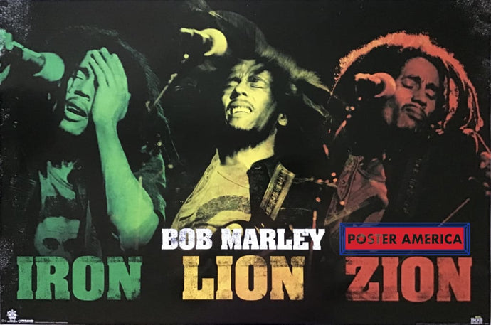 Bob Marley Iron Lion Zion Green Yellow And Red Poster 24 X 36