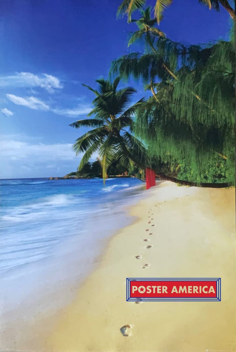 Footprints On The Beach With Leaning Palms Scenic Poster 24 X 36