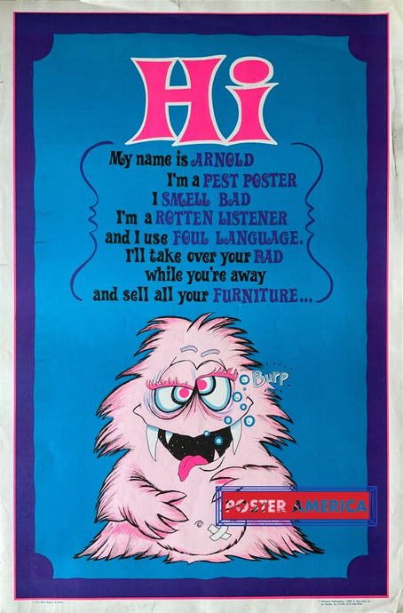 Hi My Name Is Arnold Vintage 1972 Black Light Poster 23 X 35