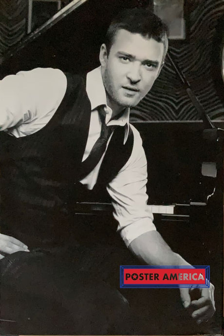 Justin Timberlake Sitting On Piano In Suit Black & White Poster 24 X 36