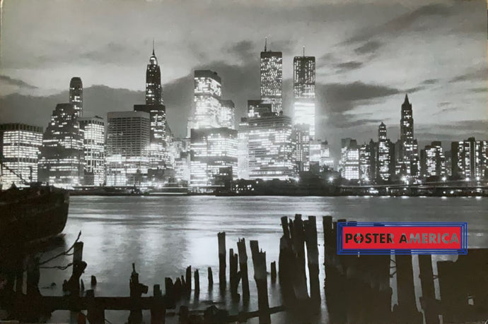 Manhattan Night Skyline With Twin Towers Vintage Poster 24 X 36 Vintage Poster