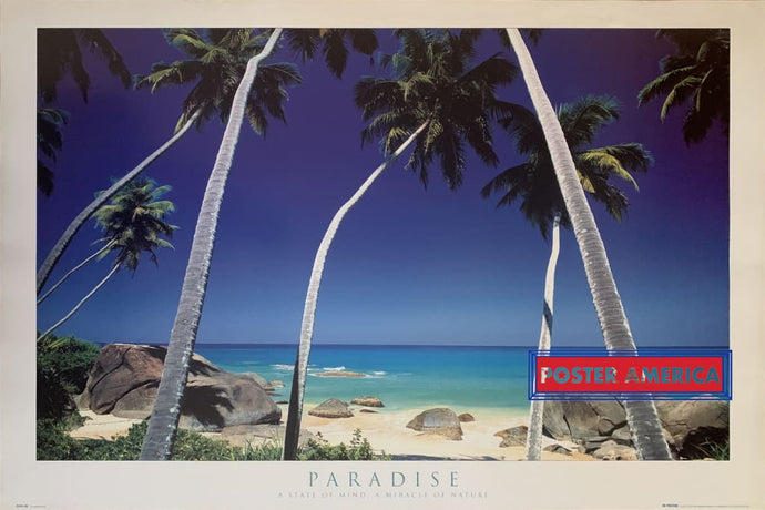 Paradise A State Of Mind Miracle Nature Vintage U.k. Import Poster 24 X 36 Five Palms On Rocky Beach