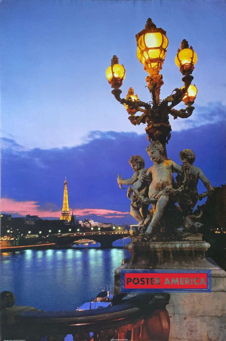 Paris France At Night With Eiffel Tower And River Poster 24 X 36