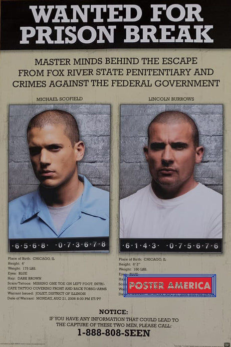 Prison Break Candian Import Promo Poster 2006 24 X 36 Mug Shot With Descriptions Michael Scofield