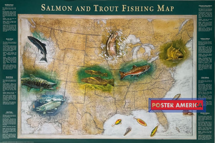 Salmon And Trout Fishing Map 2000 Vintage Poster 24 X 36 Of The United States With